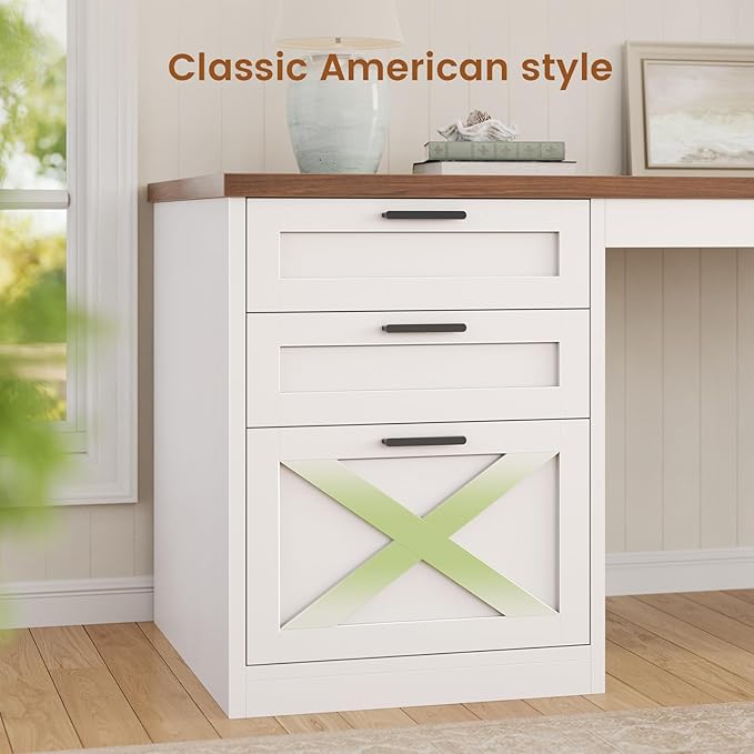 SEDETA Farmhouse 67" L Shaped Desk with 3 Drawers, White Corner Computer Desk with Storage Shelves, Home Office Desks with Power Outlets，Executive Desk for Home Office, White and Brown