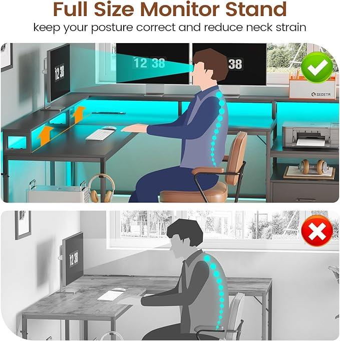 SEDETA L Shaped Gaming Desk, 66" Home Office Desk with Wood File Drawer & Power Outlet, Corner Gaming Computer Desk with Led Lights, Monitor Shelf and Printer Storage Shelves, Two Person Desk, Black