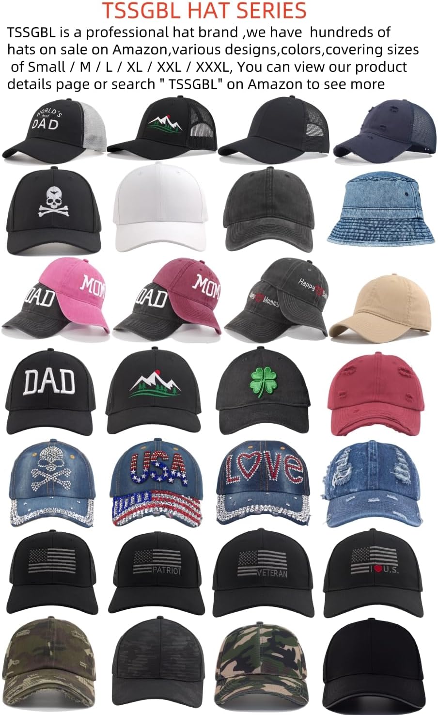 TSSGBL Classic Plain Baseball Cap, Small/M-L/XL-3XL Big Head Fit, Unisex Adjustable Cotton Structured Golf Dad Hat