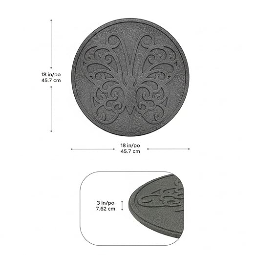 TierraVerde 4-Pack 18”x18” Fake Butterfly Rubber Stepping Stones, Round, Grey – Reversible Non-Slip Outdoor Faux Decorative Set for Landscaping – DIY Decor for Walkways & Yard Pathways
