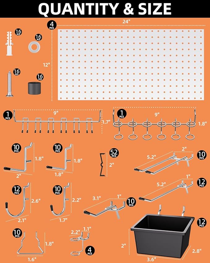 INCLY 158PCS Metal Pegboard Wall Organizer, 48x24 Inch White Pegboard Panels