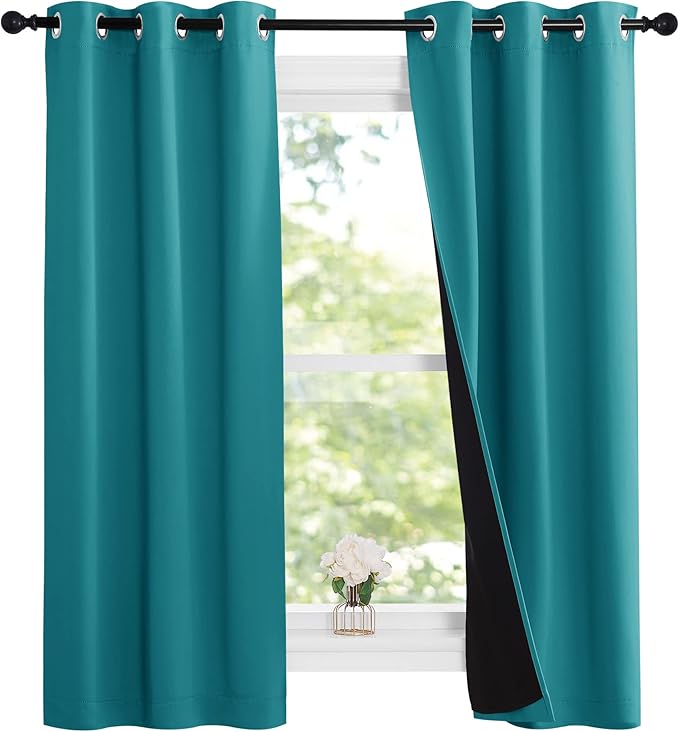 NICETOWN Peacock Teal 100% Blackout Lined Curtains, 2 Thick Layers Narrow Wide
