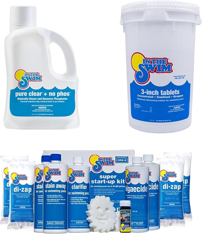In The Swim Ultimate Opening Kit and Chlorine Bundle - Pre-Measured Opening Kit for Easy Use - 50 Pound Bucket of 3-Inch Stabilized Chlorine Tablets - for Inground and Above Ground Pools Up to 35,000