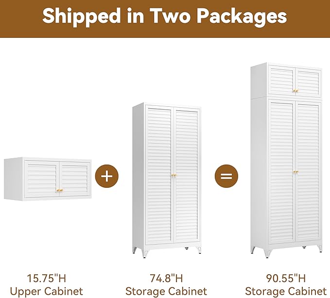 Kitchen Pantry Cabinet, 90" Tall Metal Storage Cabinet, Food Pantry cabinets with Doors and Shelves, Steel Cabinets for Living Room, Dining, White,16" D x 32" W x 90" H, Assembly Required
