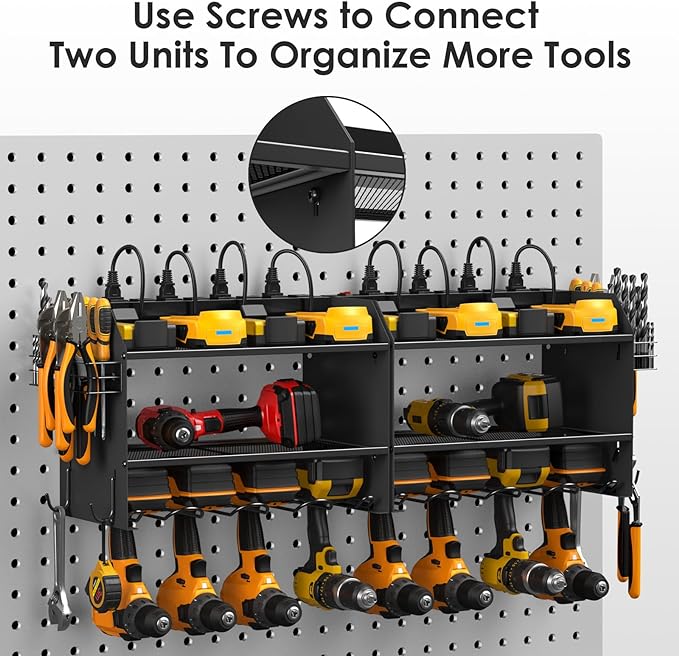 CCCEI Modular Power Tool Organizer Wall Mount Charging Station, Black 6 Drills Holder with 8 Plug Power Strip 10FT, Garage Drill Battery Heavy Duty Metal Shelf, Utility Rack with Hooks, Side Storage.