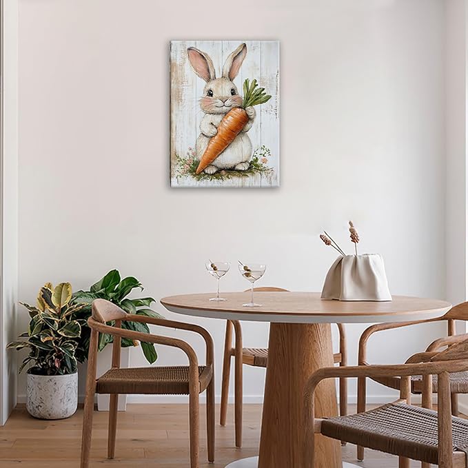 Rabbit Wall Art, Easter Bunny Pictures Wall Decor, Farmhouse Rabbit Carrot Canvas Prints, Rustic Cute Animal Painting Framed Artwork for Bathroom Living Room Bedroom Office Dining Room 20"X16"