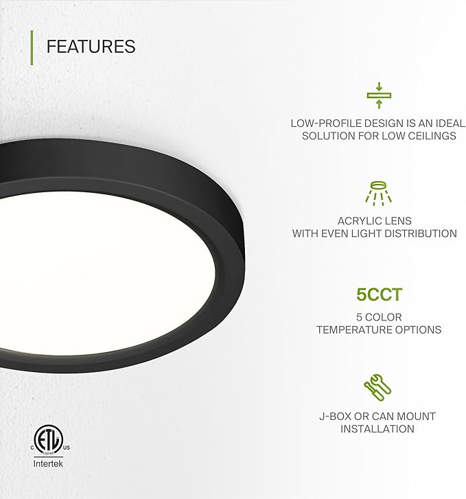 ASD LED 5" Round Flush Mount Ceiling Light Fixture, Low Profile Surface Lighting | 5CCT, Dimmable, Ultra-Thin, ETL Listed | 10W 700LM 2700-6000K 120V | Kitchen, Bedroom, Hallway Lamp | Black, 6 Pack