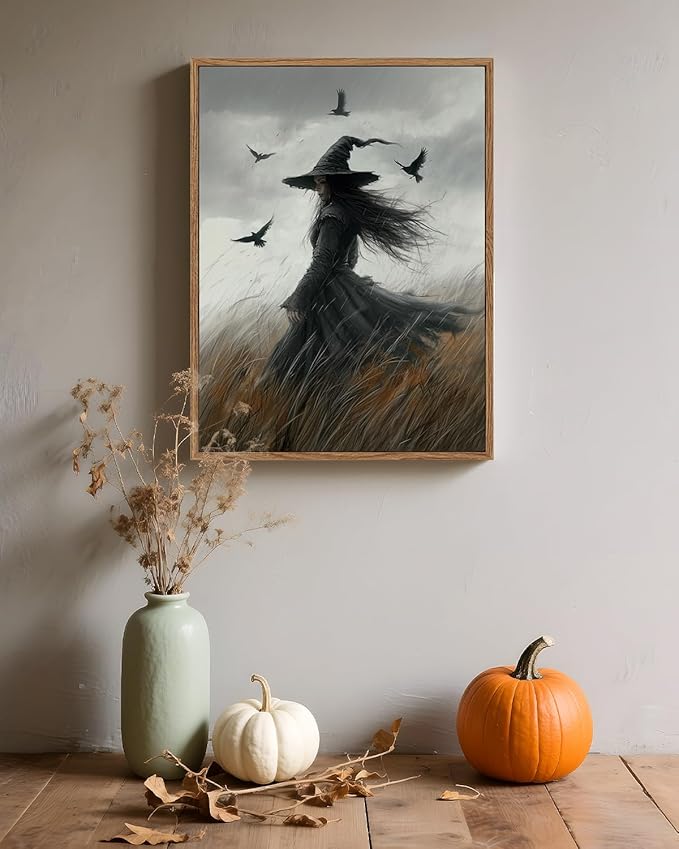 InSimSea Framed Canvas Prints Art Vintage Decor, Witch Gothic Moody Painting, Rustic Dark Academia Wall Art for Bathroom, Halloween Living Room Witchy Room Wall Cottagecore Decor, 12x16inch