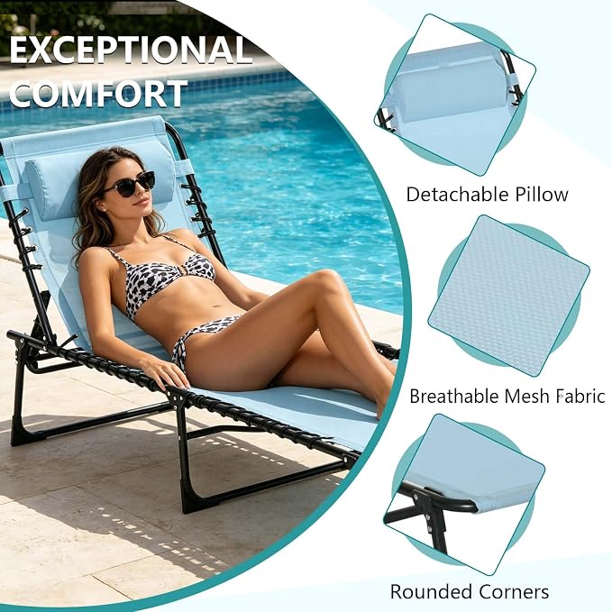 Portable Foldable Sun Tanning Chair, Heavy Duty Adjustable Folding Laying Out Chairs for Tanning, Beach Lounge Chairs for Adults for Outdoor Sunbathing Patio Pool Lawn Camping Deck (Blue 2)