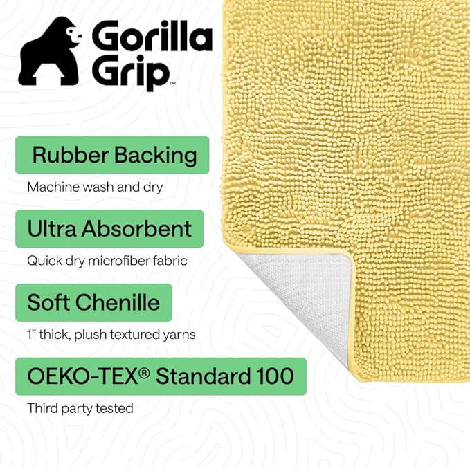GORILLA GRIP Bath Rug Mat 44x26, Thick Soft Absorbent Chenille, Quick Dry Microfiber Mats, Rubber Backing Washable Shower Floor Rugs, Bathmat Runner, US Designed Bathroom Home Decor Accessories Yellow