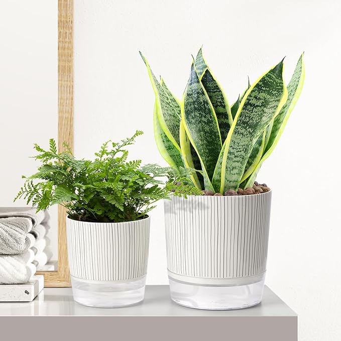 Self Watering Pots for Indoor Plants, Flower Pots, Self Watering Plant Pot-2pcs 4+5.3inch Black Stripes