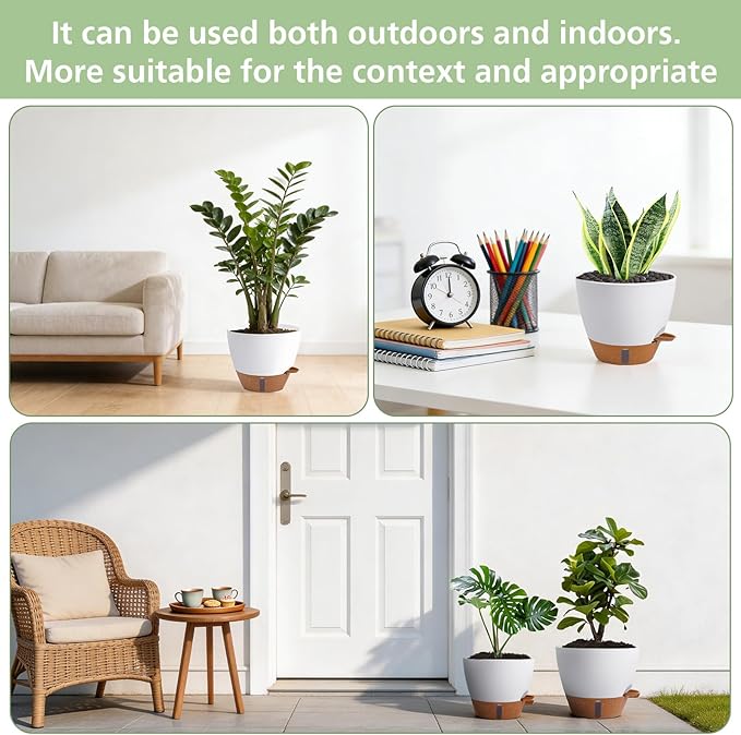 Self Watering Planters Set with Water Level Indicator, 12" 10" 9" 8" Large Plastic Flower Pots with Mesh Drainage Hole and Removable Saucer Reservoir for Indoor Outdoor Plants (White)