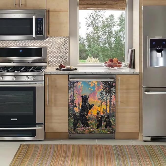 Dishwasher Magnet Cover, Forest Black Bear Family Magnetic Dishwasher Sticker for Kitchen Decoration 23x26in Fridge Panel Vinyl Decal Farmhouse Refrigerator Cover