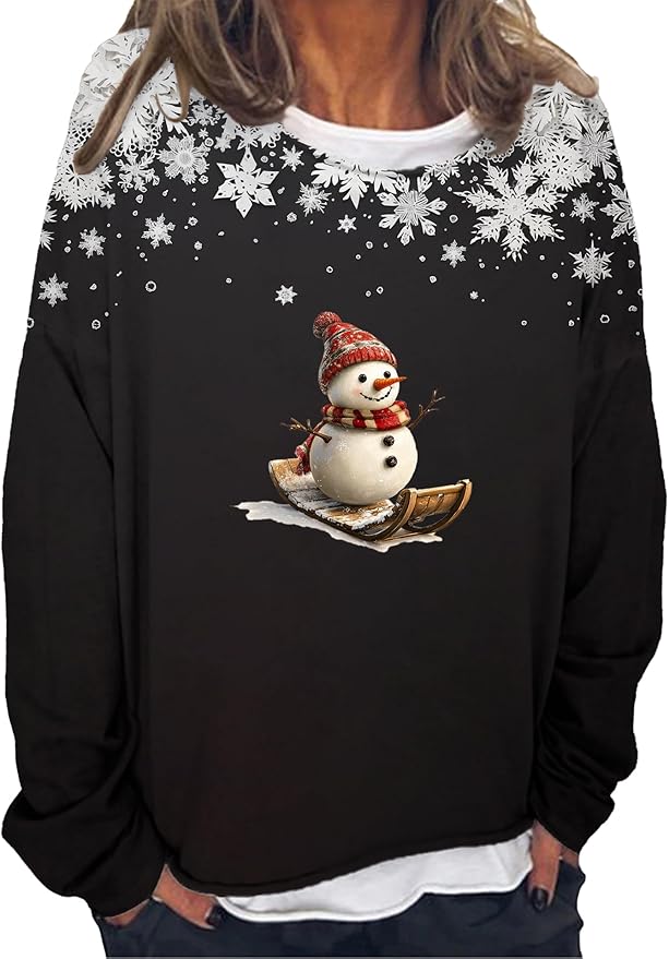 LOAIHA Christmas Shirts for Women Crewneck Snowman Snowflake Santa Graphic Shirts Christmas Tree Long Sleeve Xmas Hoodie