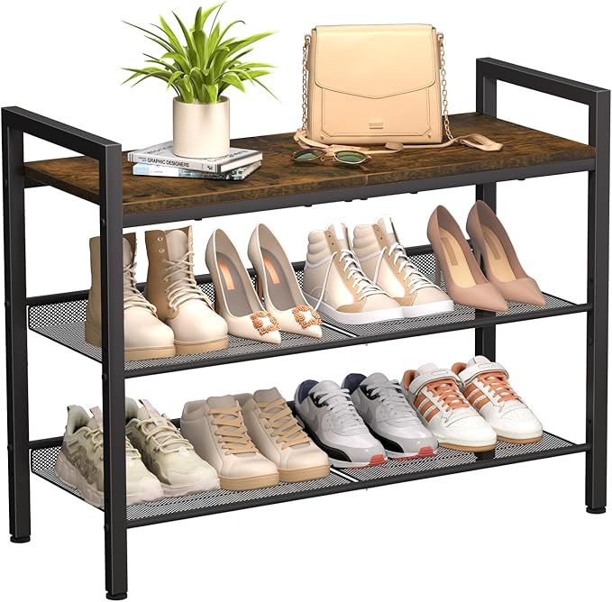 Shoe Rack for Front Door Entrance, 3 Tier Shoe Rack for Entryway, Shoe Shelf for Closet, Metal Shoe Rack Organizer with Sturdy Wooden Top & Steel Frame,(Black+Rustic Brown)