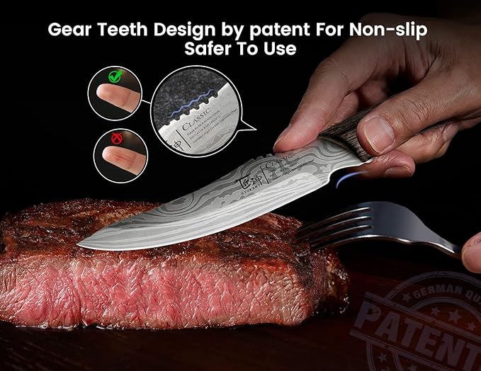 Steak Knives Set of 4, 4.8 Inch High-Carbon Japanese Stainless Steel Non-serrated Meat Knife with Wood Handle, Damascus Pattern Full Tang Design, Razor-Sharp Dinner Knives with Gift Box