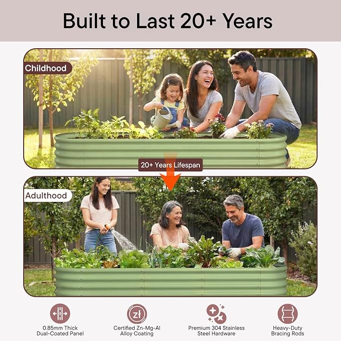 2-Pack Galvanized Raised Garden Bed 8x4x1.5 | 10x2x1.5 ft, 18" Tall Metal Planter Boxes Outdoor for Herb Vegetable, Modular Raised Flower Bed for Gardening with Zn-Al-Mg Coated - Sand Beige
