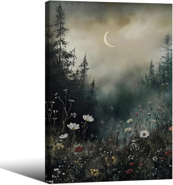 Dark Flower Field Poster Vintage Moody Academia Wall Art 16X24 inch Framed