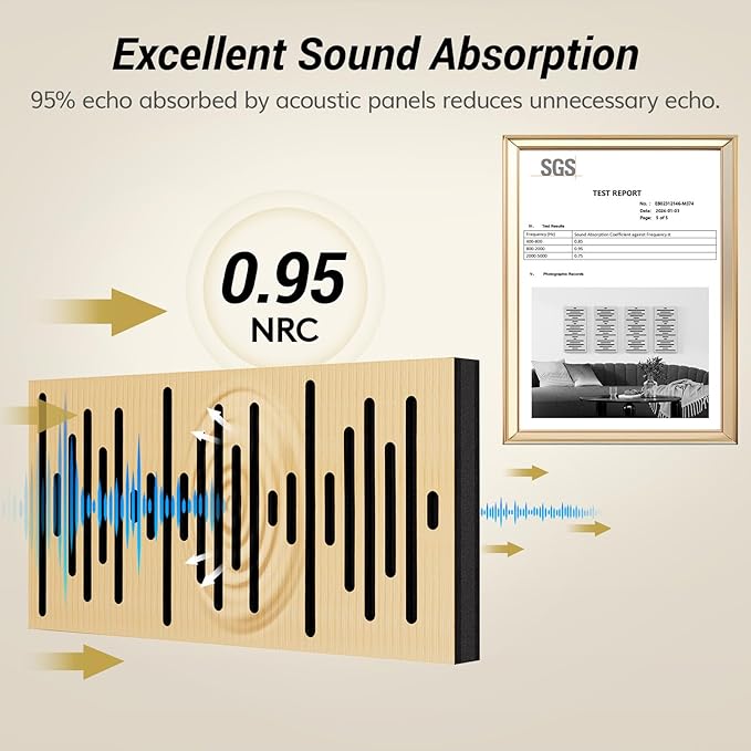 TONOR 4-Pack Acoustic Wood Wall Panels, 23.6” * 11.8” * 1.9” 3D Self-adhesive