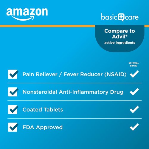 Basic Care Ibuprofen Tablets - Pain Relief, Fever Reducer | 500 Count Bottles