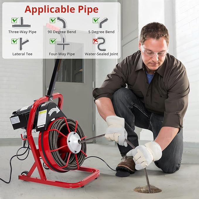 Drain Cleaner Machine 75FT x 3/8 Inch, Professional Sewer Snake Auger, 4 Cutter Blades, Air-Activated Foot Switch, Gloves, Portable Plumbing Tool for 1"-4" Pipes, Bathroom, Kitchen, and Sewer Clog