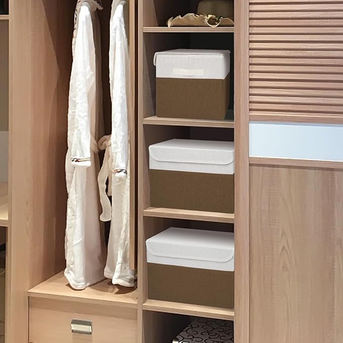 Large 17" 42 Quarts Collapsible Stackable Storage Bins with Lids [3-Pack] Foldable Fabric Linen Storage Boxes Cube, Closet Organizer Baskets with Label for Home (16.7 x 12 x 12", Brown & White)
