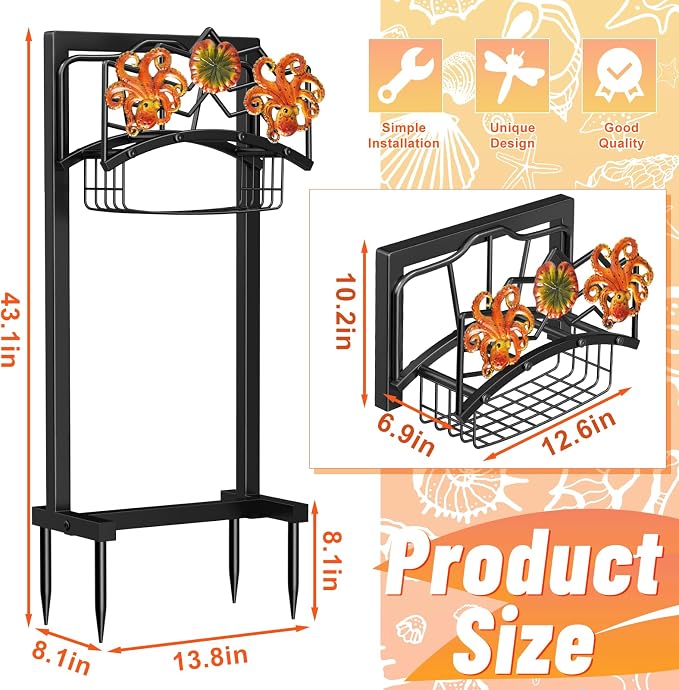 Garden Hose Holder for Outside, Freestanding Water Hose Holder Storage with Storage Basket, Heavy Duty Metal Hose Reels Hanger Stand Organizer with 4 Spikes for Yard Lawn Black