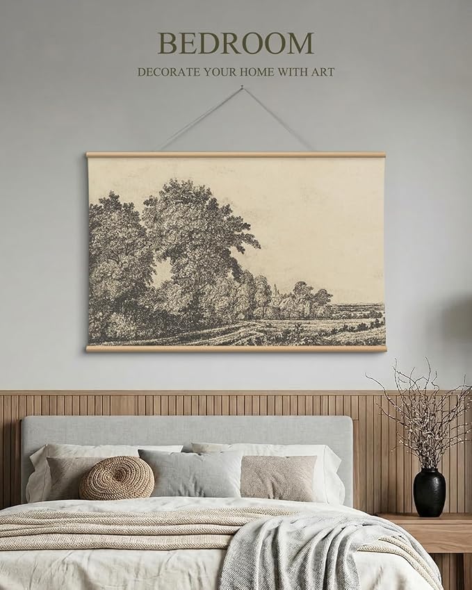 VIYYIEA Extra Large Size Canvas Wall Art, 36x54 Inch Vintage Tree Landscape Hanging Scroll, Black and White Rustic Country-Inspired Artwork for Living Room, Bedroom, Office