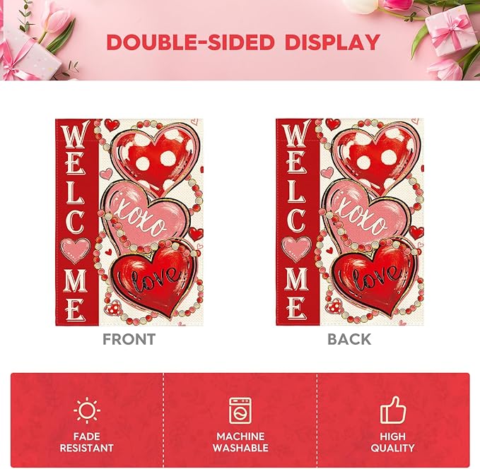 AVOIN colorlife Love Hearts Valentines Day Garden Flag 12x18 Inch Double Sided Outside, XOXO Welcome Anniversary Yard Outdoor Flag