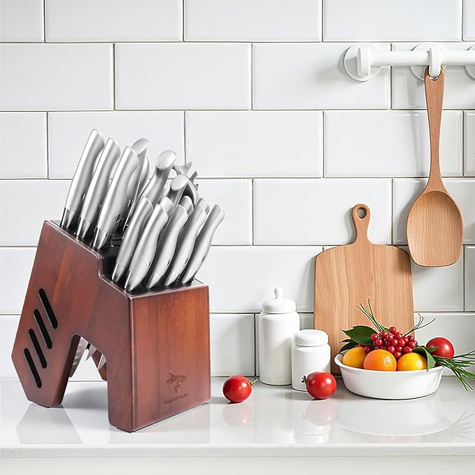 MAD SHARK Knife Set for Kitchen with Block, 17pc Cutlery Set, Built-in Sharpener, German Stainless Steel, Non-slip Ergonomic Handle, Dishwasher Safe