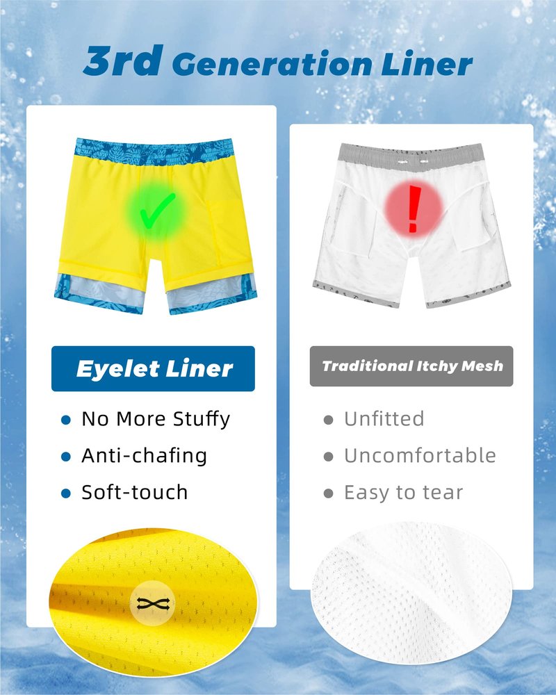SURF CUZ Mens Swim Trunks with Compression Liner Quick Dry Swim Shorts 7" Swimming Trunks Stretch Zipper Pockets Blue Flower Leaves Small