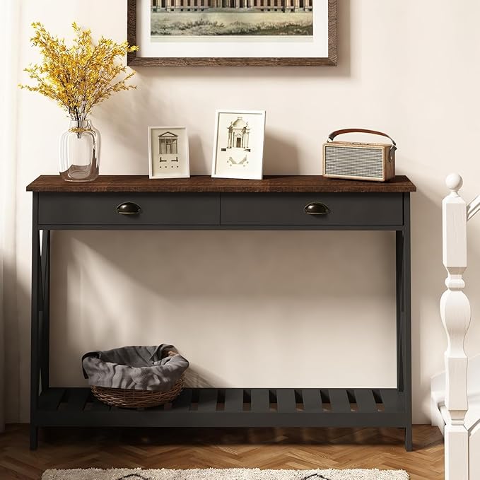 ChooChoo 47" Farmhouse Console Table with Drawer for Entryway, Narrow Long Entry Table with Shelf for Living Room, Rustic Vintage Hallway Sofa Table with Stable X Supports, Black