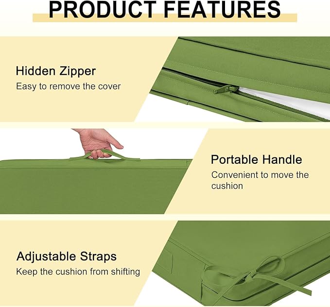 downluxe Waterproof Outdoor Chair Cushions Set of 2, 19" x 19" x 3" Patio Chair Cushion with Non-Slip Ties & Handle, Square Outdoor Cushion for Patio Furniture with Removable Cover, Grass Green