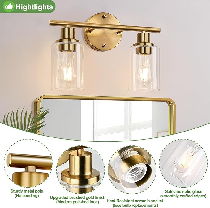 Zarbitta 2-Light Bathroom Light Fixtures, Brushed Gold Vanity Light, Modern