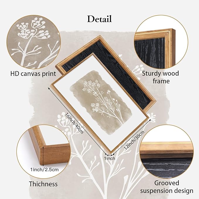 CHDITB Beige Florals Wall Art Set, Framed Boho Flower Wall Decor, Neutral Minimalist Botanical Wall Painting, Modern Vintage Wildflower Canvas Art Prints for Living Room, Bedroom, Grids Room 16"x24"x3