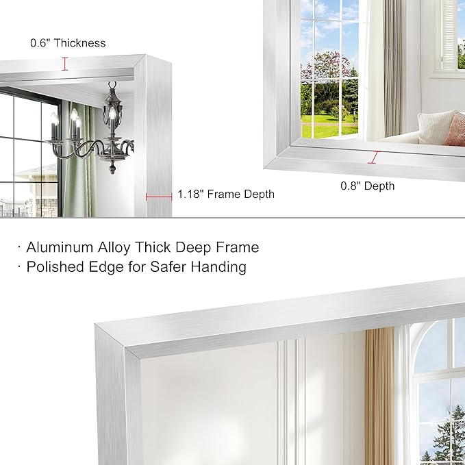 20x36 Silver Bathroom Mirror, Brushed Silver Rectangular Mirror