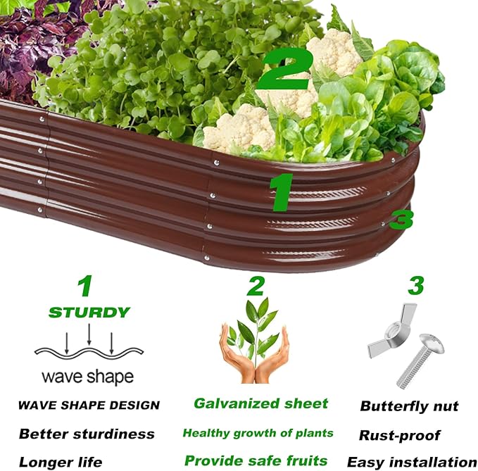 Rakukiri Raised Garden Bed GRS Certified Galvanized Planter Box Outdoor, 5ft Oval Rot-Resistant Metal Garden Bed Planter, Recycled Material Planter for Vegetables Flowers Herbs (Brown)