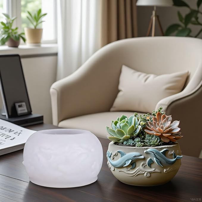 1Pc Dolphin Jar Silicone Mold, 3D Ocean Wave Bowl Resin Mold for Epoxy Casting Succulent Planters, Concrete, Clay, Candle Holders, Storage Box, Trinket Dishes DIY Home Decor Handmade Gifts