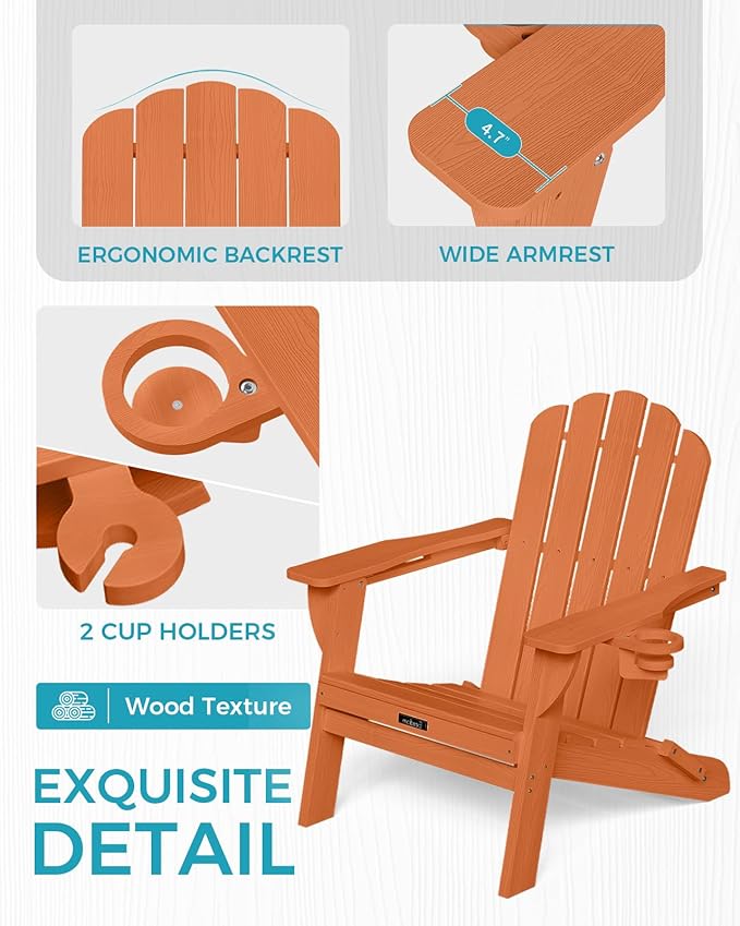 Adirondack Chairs Set of 6, Fire Pit Chairs, Wood Texture Patio Chairs with 2 Cup Holder, Outdoor Lawn Chair, Orange