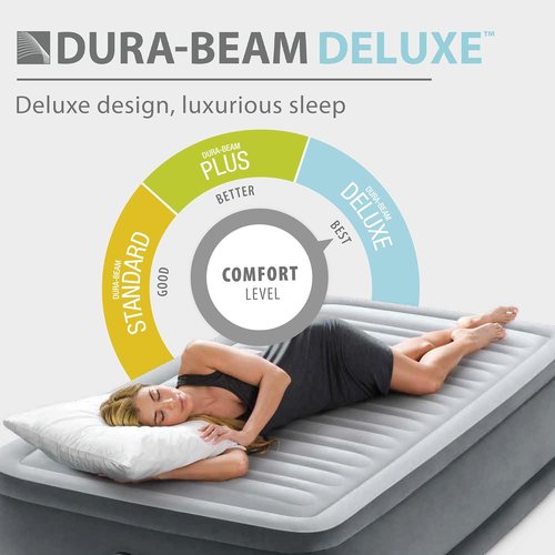 Intex Dura-Beam Deluxe Comfort-Plush Elevated Air Mattress - Queen Size with Built-in Electric Pump | 18" Height, 600lb Capacity