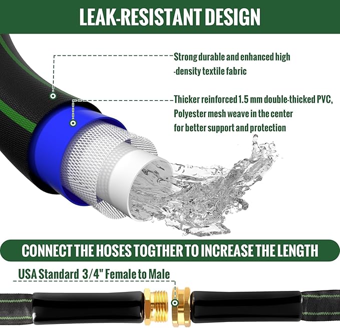 Garden Hose 100ft Flexible Water Hose Non-Expandable High Pressure Kink-Free Leakproof Durable Portable Lightweight Outdoor Yard Lawn Black Fabric Watering Hose with 3/4" Aluminum Fittings