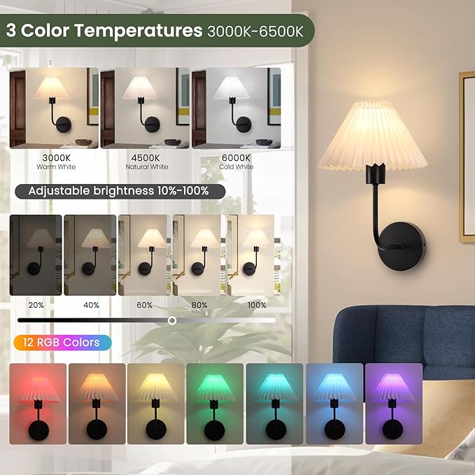 Rechargeable Battery Operated Wall Sconces Sets of 2, 15 Colors Wireless Wall