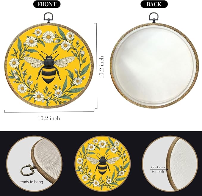 Cute Gold Vintage Floral Bee Gifts Bee Kitchen Decor Boho Art Framed Round Wall Decor Canvas Wall Art Hanging Prints Artwork for Home Garden Nursery Bedroom Living Room Decorations 10.2X10.2 Inch