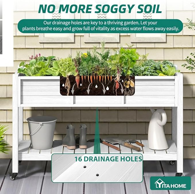 YITAHOME Raised Garden Bed HDPE, 47x18x31In Raised Flower Bed Poly-Wood Weather-Resistant Elevated Planter Box with Lockable Wheels & Storage Shelf for Vegetable Flower, White
