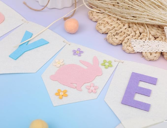 Felt Happy Easter Banner - Pastel Happy Easter Garland, Easter Bunny Bunting, Easter Decoration for Mantel, Wall