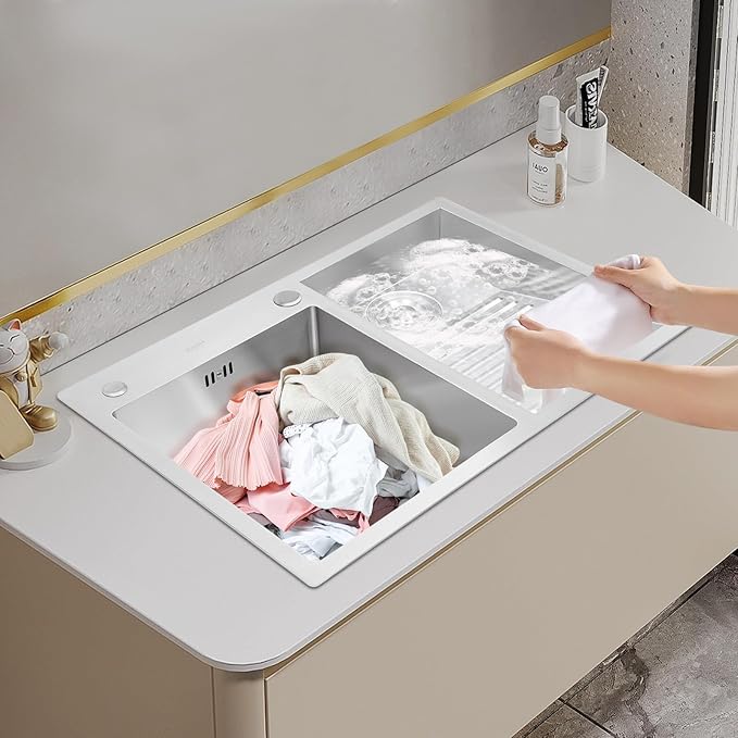 Laundry Sink,Household Stainless Steel Laundry Sink with Washboard,Multi-Mount,Quiet,Cleaning Machine for Laundry Rooms,Kitchens,Balconies