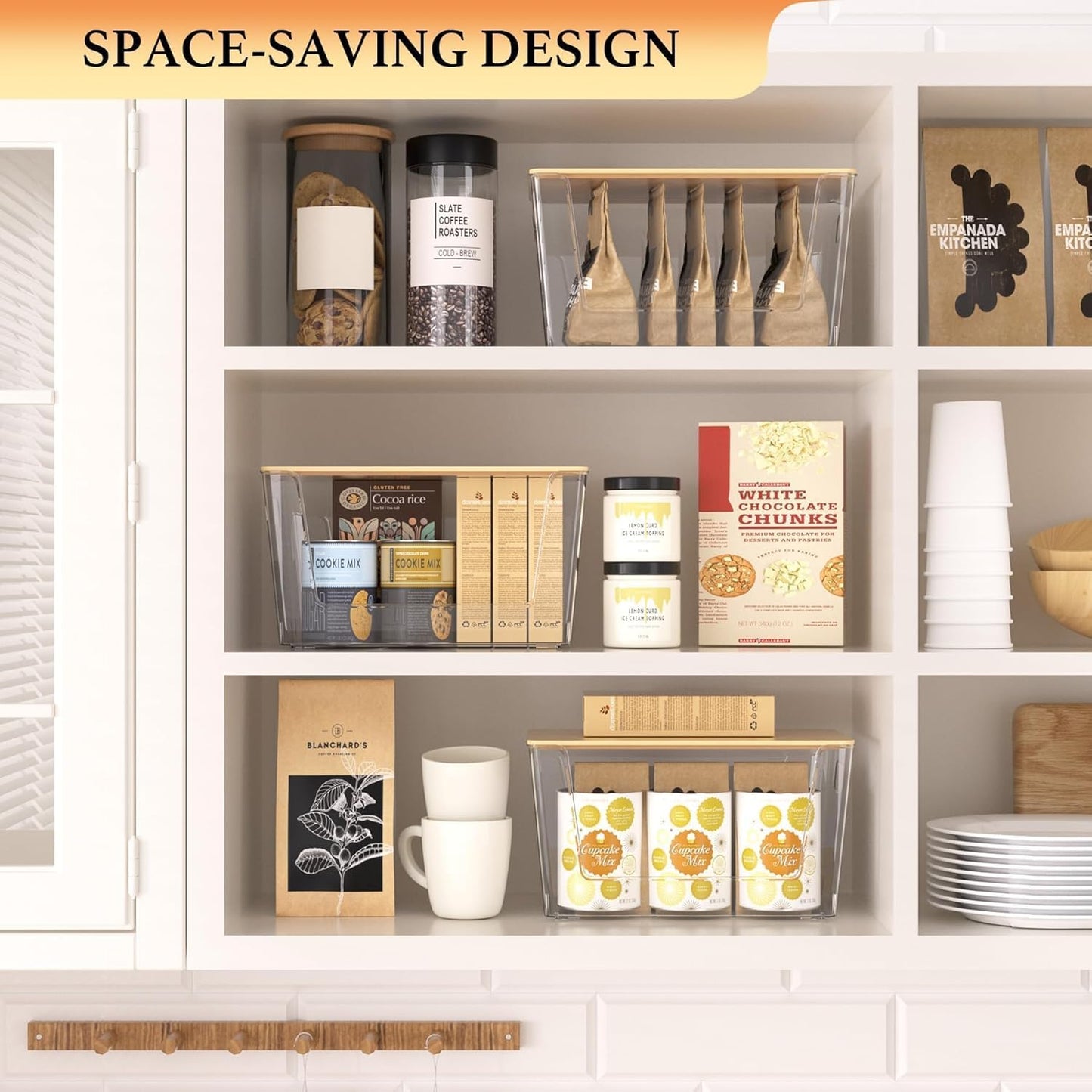 2 Set Pantry Organizers and Storage - Kitchen Organizer with Bamboo Lid for Fruit, Onion, Potato, Vegetable - Clear Stackable Bins for Kitchen Cabinet, Refrigerator, Home Organization