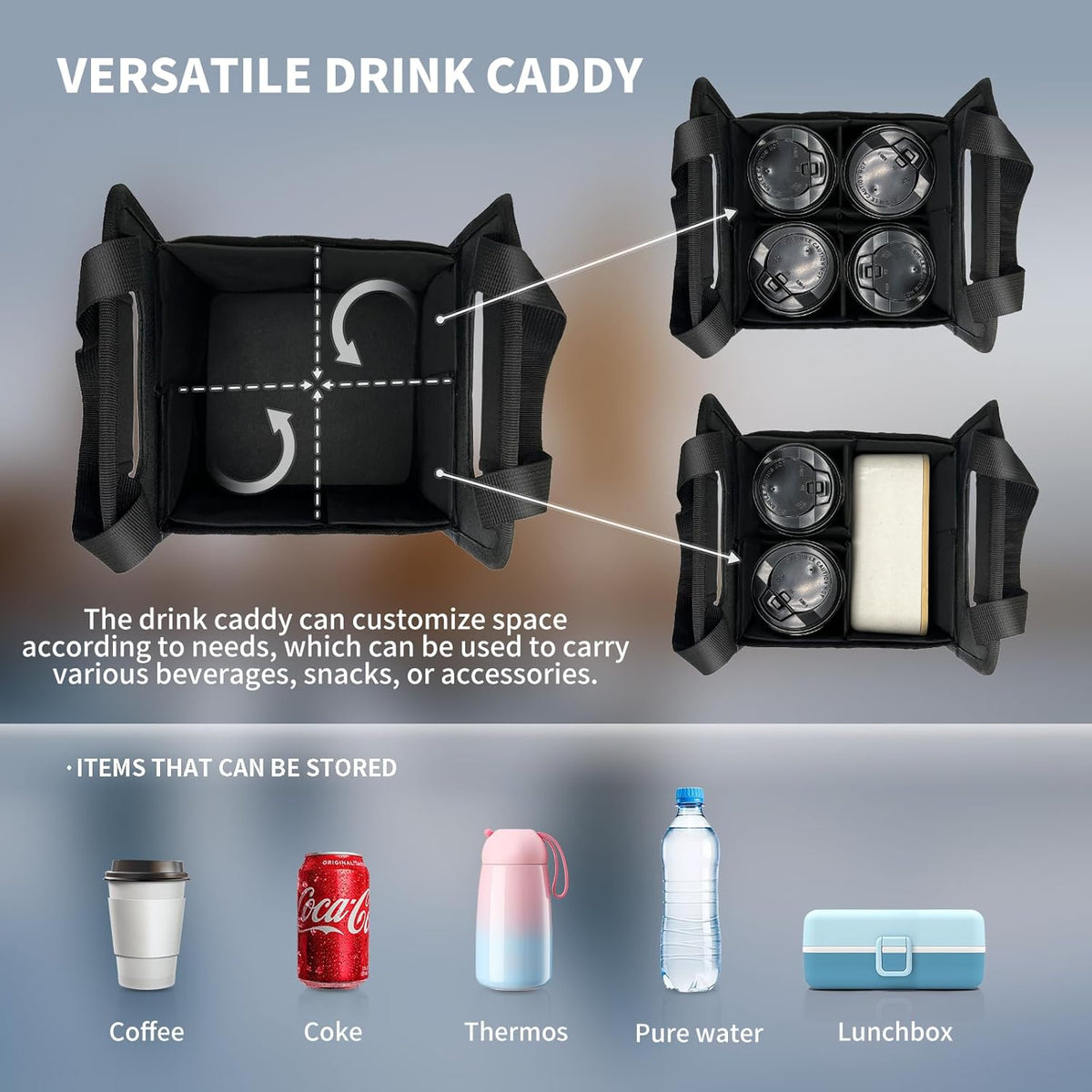 Skiennix Reusable 4-Cup Drink Carrier - Insulated Caddy with Adjustable Dividers | Foldable Black Holder for Hot & Cold Beverages