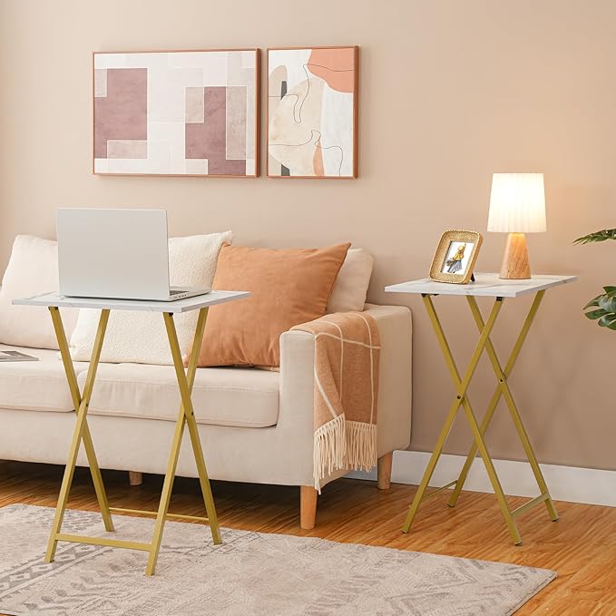 HOOBRO Folding TV Tray Tables, Set of 2 Side Table for Small Space, Industrial Snack Tables for Eating at Couch, Stable Metal Frame, Easy Assembly, Space Saving, Marble and Gold DM25BZ01