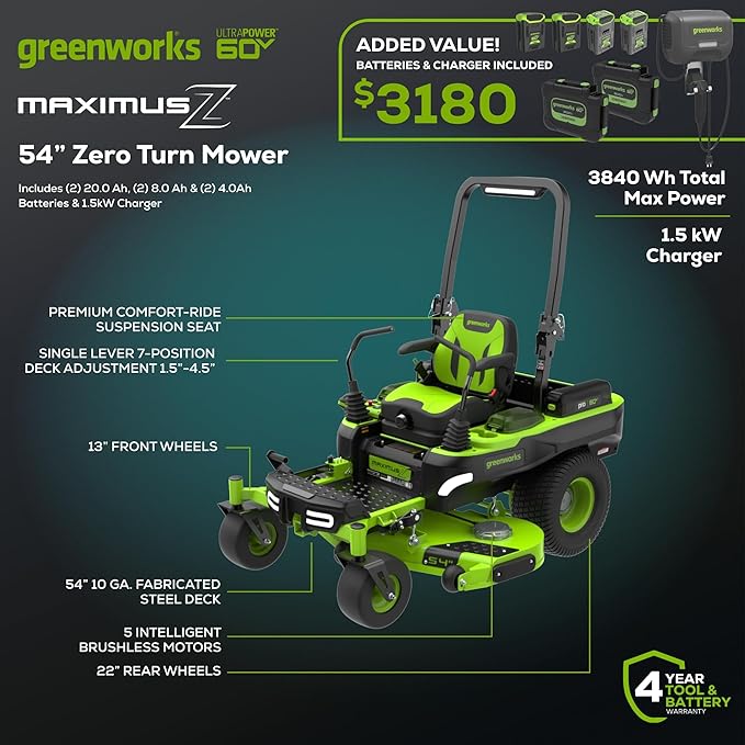 Greenworks 60V 54" Zero Turn,(2) 20.0Ah+(2) 8.0Ah+(2) 4.0Ah Batteries+Wall Charger